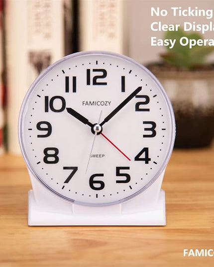 FAMICOZY 4.5" No Ticking Analog Alarm Clock,Silent Readable for Seniors,Easy to Set,Gradual Rise Alarm,Big Numbers,On/Off Switch on Side,Gentle Wake,Snooze Soft Backlight,Battery Operated,White