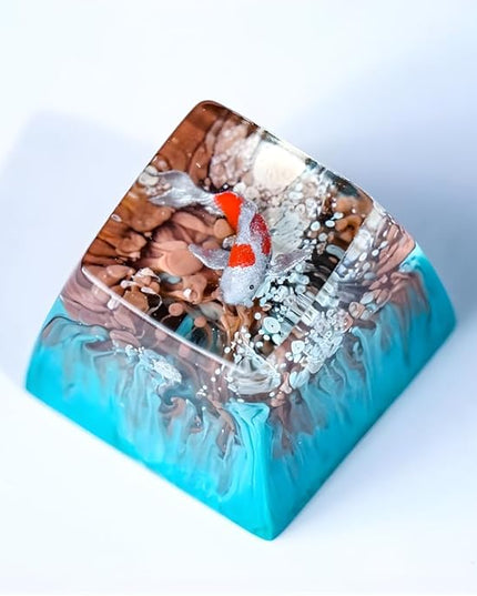 Kohaku Koi Artisan Keycap Blue and Orange Ocean R1 SA Profile Custom Keycaps 1U ESC Handmade Gaming Resin Key Cap Cherry MX Switch Compatible Mechanical Keyboard Koi Lover Gift