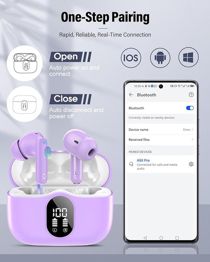 Wireless Earbuds, Bluetooth 5.4 Headphones Bass Stereo, Ear Buds with Noise Cancelling Mic, LED Display in Ear Earphones Clear Calls, IP7 Waterproof Bluetooth Earbuds for Laptop/Phones/Sports, Purple