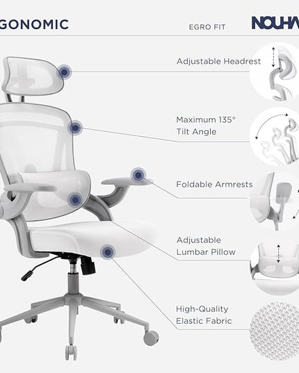 Nouhaus Ergo Fit Ergonomic Mesh Office Chair High Back Adjustable Lumbar Support Headrest and Adjustable Flip-up Armrests, Comfy Desk Chairs Swivel Computer Gaming Chair Tilt Function(N20, White)