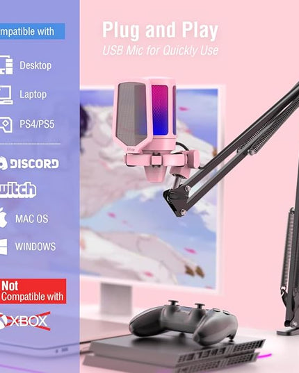 FIFINE Gaming USB Microphone Kit, PC Streaming Recording Computer RGB Microphone Set for Podcasting, Singing, YouTube, Condenser Cardioid Mic with Quick Mute, Gain Knob-A6T Pink