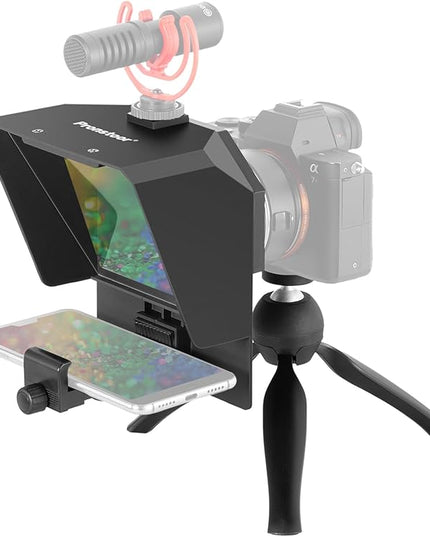 AMBITFUL Teleprompter 7.5'' with Tabletop Tripod for Smartphone and DSLR Camera, Adjustable Phone Clip & Camera Adapting Ring, for Live Streaming, Interviews(Mini Teleprompter Only)