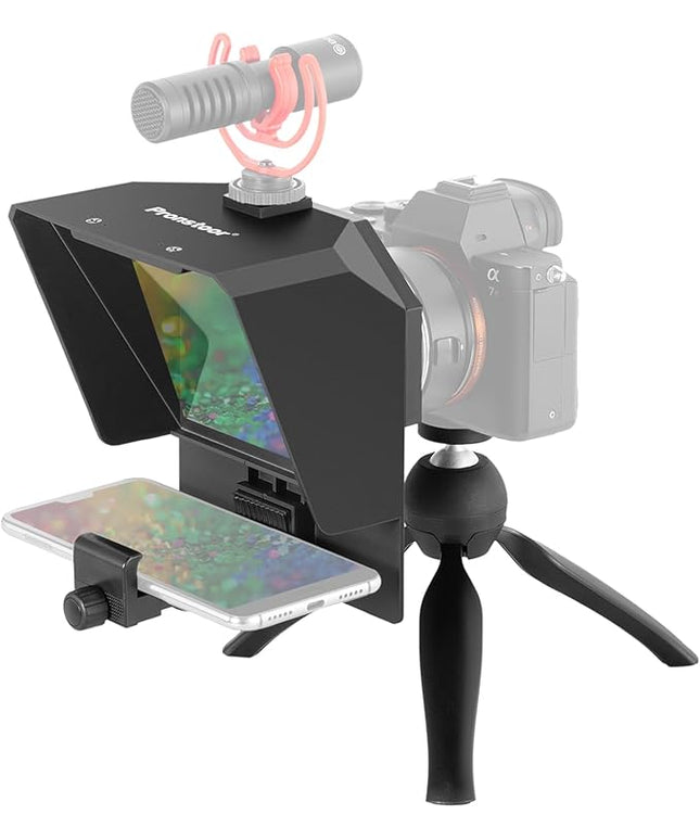 AMBITFUL Teleprompter 7.5'' with Tabletop Tripod for Smartphone and DSLR Camera, Adjustable Phone Clip & Camera Adapting Ring, for Live Streaming, Interviews(Mini Teleprompter Only)