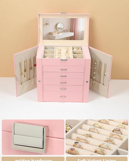 BOOVO Jewelry Box For women, 6 Layer Large Jewelry Organizer With Mirror, Multi-Function Storage Box With Lock, Necklace Holder With 5 Drawers, For Earrings Necklace Bracelet (Silver and Pink)