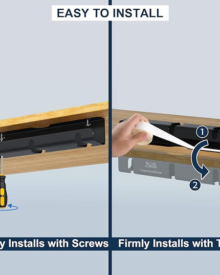 APS Under Desk Cable Raceway Tray 2 Pack - 16" Sturdy Metal Cord Organizer, No Drill Clamp Mount for Wire Hiding, Holds 15lbs+ for Office Home Desks - Black