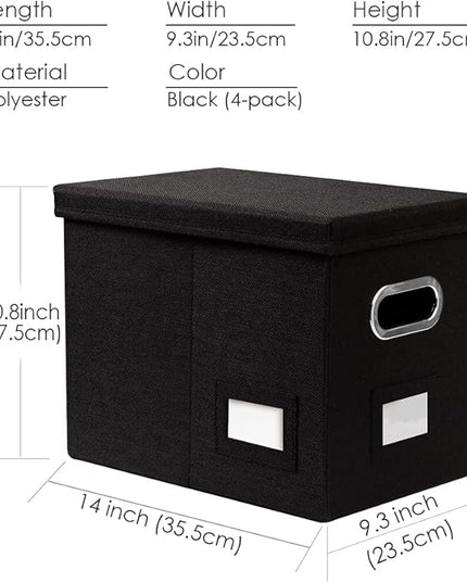 PRANDOM File Organizer Box - Set of 4 Collapsible Decorative Linen Filing Storage Hanging File Folders with Lids Office Cabinet Letter Size Black (14x9.3x10.8 inch)