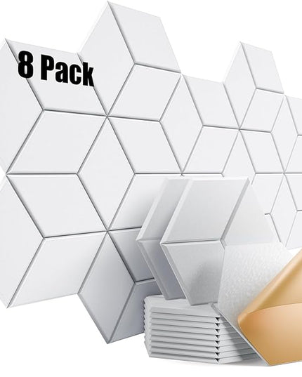 8 Pack Self-Adhesive Acoustic Panels 12" X 10" X 0.4" - Sound Proof Foam Panels for Walls with High Density, Y-Lined Design, Flame Resistant, Absorb Noise and Eliminate Echoes(White)