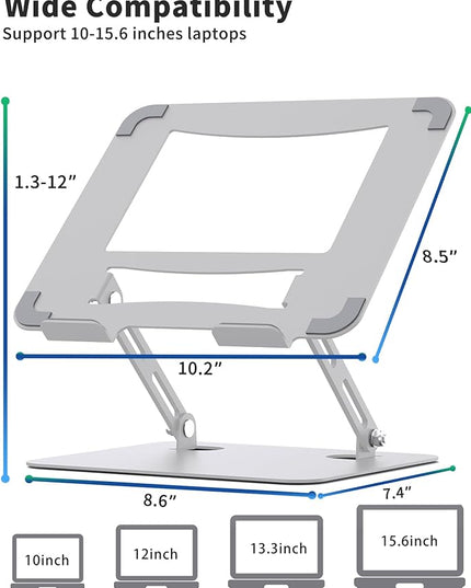 SOUNDANCE Laptop Stand for Desk with Stable Heavy Base, Adjustable Height Multi-Angle, Ergonomic Metal Riser Holder, Foldable Mount Elevator, Compatible with 10 to 15.6 Inches PC Computer, Silver