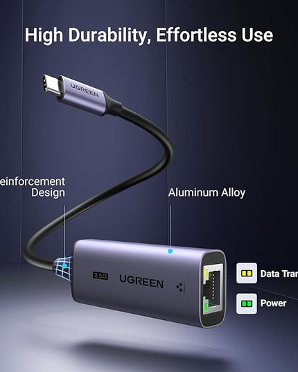 UGREEN USB C to Ethernet Adapter 2.5G, Ethernet Adapter for Laptop, Aluminum, Type C (Thunderbolt 4/3 Compatible) to RJ45 Network Internet, Compatible for NAS, MacBook Air/Pro, XPS, iPhone 17 Pro/Max