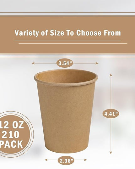 Lamosi 210 Pack 12 OZ Paper Coffee Cups, Disposable Kraft Paper Cups, Unbleached Brown Cups for Hot/Cold Beverage Party Home Office