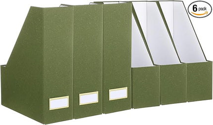 Gueevin Set of 6 Magazine File Holder Stylish Sturdy Cardboard File Boxes Desk Magazine Organizer Rack with Gold Label Holder to Organize Your Desk or Shelves for Home Classroom Office Library(Green)