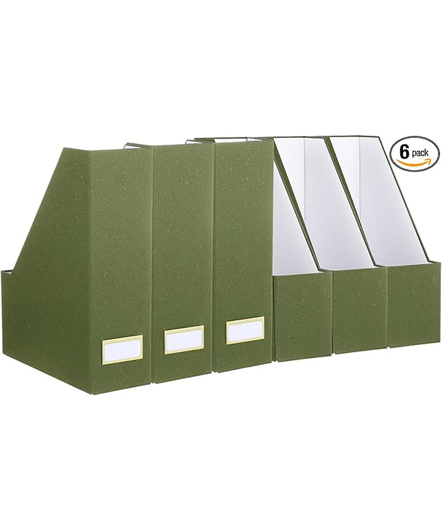 Gueevin Set of 6 Magazine File Holder Stylish Sturdy Cardboard File Boxes Desk Magazine Organizer Rack with Gold Label Holder to Organize Your Desk or Shelves for Home Classroom Office Library(Green)