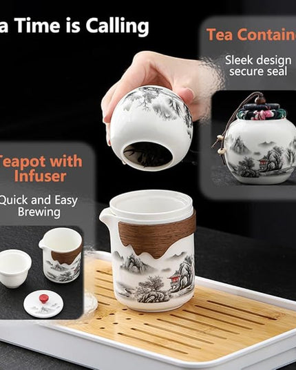 Portable Chinese Kung Fu Tea Set with Removable Infuser - 6 Cup Ceramic Travel Tea Set for Home, Office, or Outdoor Use