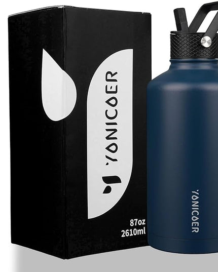 Insulated Water Bottle 87oz,Triple Wall Vacuum Stainless Steel(Dishwasher Safe),Leak Proof & Non-BPA,Flask Jug with Paracord Handle & Straw Spout Lids Sports Navy Blue