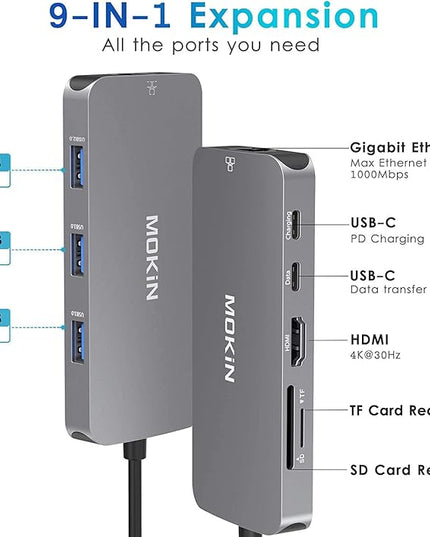 USB C Adapters for MacBook Pro/Air,Mac Dongle with 3 USB Port,USB C to HDMI, USB C to RJ45 Ethernet,MOKiN 9 in 1 USB C to HDMI Adapter,100W Pd Charging, USB C to SD/TF Card Reader USB C Hub