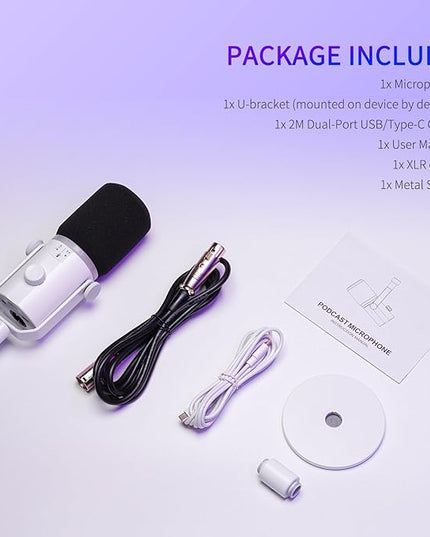 FEELWORLD PM1 XLR USB Dynamic Microphone with Desktop Stand Gifts for Podcast Recording PC Computer Gaming Streaming Vocal Voice-Over, Studio Metal Mic, RGB Light, Mute Button, Headphones Jack (White)