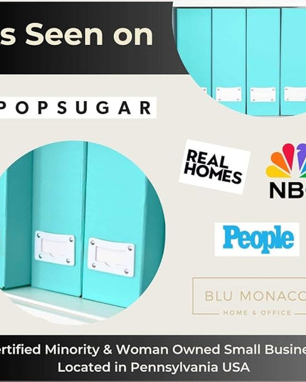 BLU MONACO Set of 6 Aqua Magazine File Holders | Foldable Magazine Storage Boxes with White Leather Label Holders | Vertical File Organizer for Desk, Shelves & Home Office