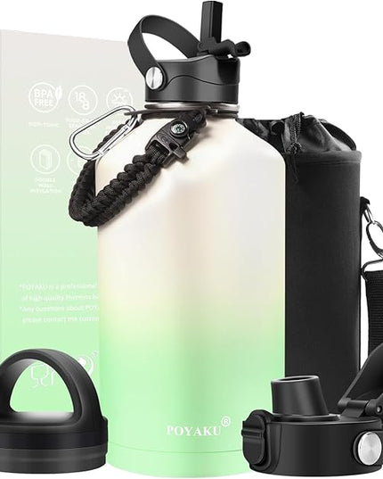 Water Bottle Insulated 32oz 40oz 64oz 128oz Straw Lid Spout Lid & 3 Lids, Leak Proof, Vacuum Insulated,Stainless Steel Water Bottle Wide Mouth for Sports, Gym or Office