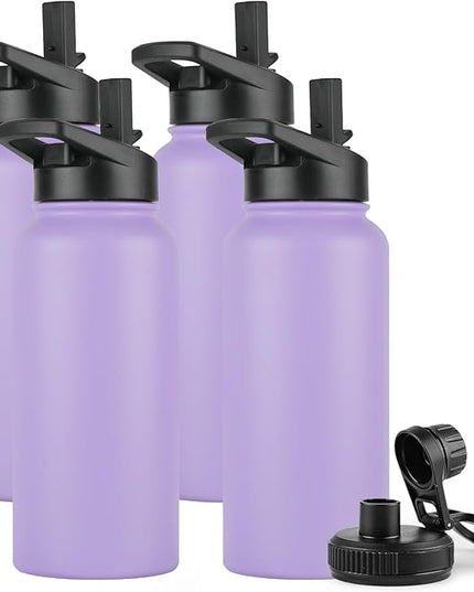 DOMICARE 32 oz Insulated Water Bottle Bulk, Vacuum Insulated Stainless Steel Sports Water Bottle with Straw Lid & Spout Lid, Leakproof, Reusable - Travel, Camping, Bike, Purple (4 Pack)