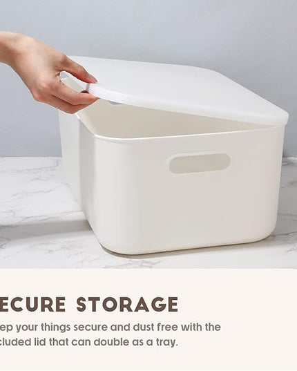 Tuanse 8 Pieces White Plastic Storage Bins with Lids, Stackable Storage baskets with Handle Containers Box for Shelves Drawers Desktop Playroom Classroom Office Organization(14 x 10.5 x 6.5 Inches)