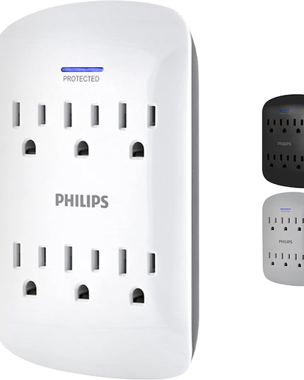Philips 6-Outlet Extender Surge Protector, Wall Tap, 900 Joules, 3-Prong, Space Saving Design, Protection Indicator LED Light, ETL Listed, White, SPP3461WA/37