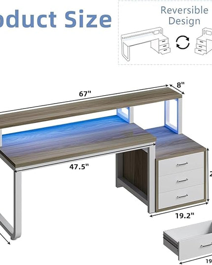 Office Desk with 3 Drawers, 67 Inch Computer Desk with Long Monitor Stand & Printer Shelf, Reversible Long Desk with Storage Shelves & LED Light, White and Walnut