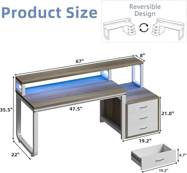 Office Desk with 3 Drawers, 67 Inch Computer Desk with Long Monitor Stand & Printer Shelf, Reversible Long Desk with Storage Shelves & LED Light, White and Walnut