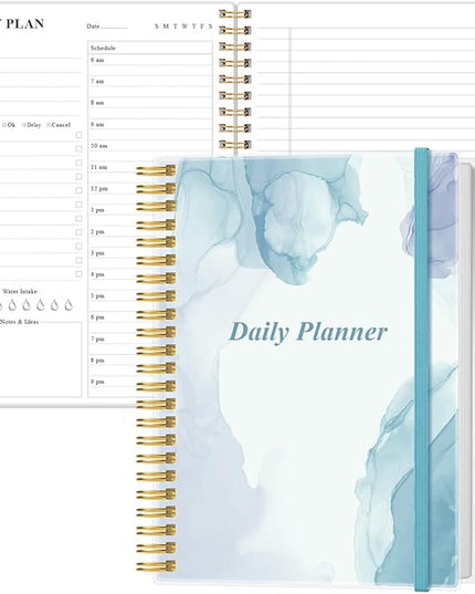 Daily Planner Undated - B5 To Do List Notebook Hourly Schedules, Spiral Appointment Planner for Women and Men, PVC Hardcover, Inner Pocket, Elastic Closure, 7" x 10", Blue Watercolor