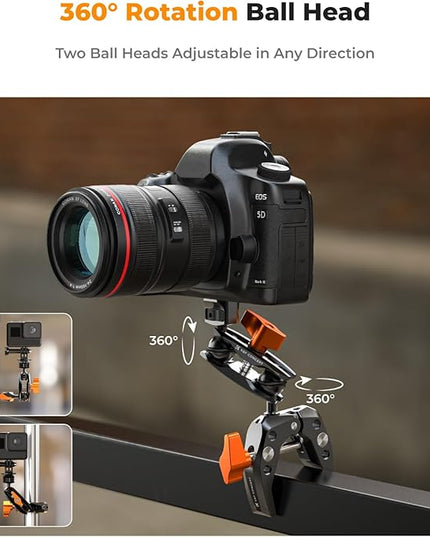 K&F CONCEPT Camera Clamp Mount, Super Clamp Mount Magic Arm with Two 360° Ball Heads, ARRI 1/4" Screw Threads for DSLRs, Action Camera, Tripod, Phone Compatible with Gopro/DJI/Insta360