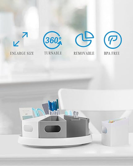 MeCids 360 Rotating Storage Organizer Desk Organizers Pen Holder– 12” Lazy Susan Style Caddy with Removable Bins, for Home Office Supplies, Art Supplies, Make-up & Kitchen Use, with Card & Gift Box