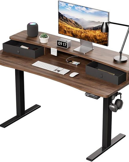 HUANUO 55" x 26" Electric Standing Desk with 2 Drawers, C-Clamp Mount Compatible, Height Adjustable Computer Desk, Home Office Stand Up Desk with 4 Preset Heights & 2 Hooks, Walnut