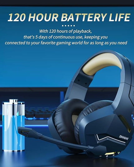 BINNUNE 2.4GHz Wireless Gaming Headset, Bluetooth 5.3 Gaming Headphones with Noise Canceling Mic, 120H Ultra-Long Battery, 50mm Drivers, Multi-Platform for PC / PS5 /PS4/ Switch/Mobile, Gold