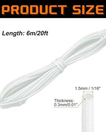MECCANIXITY 20ft Braided Cable Sleeve, 1/16" ID 200C High Temperature 1500V Fiberglass Wire Insulation Cord Protector Organizer Wires Management for Motor Engine Fuel Line, White