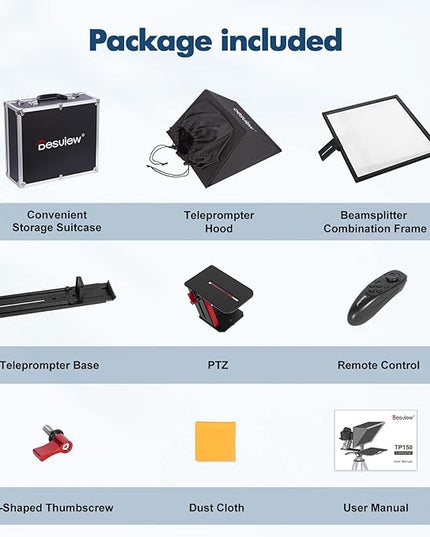 Desview TP150 teleprompter 15 inch High Display Mirror Aluminum Alloy Teleprompter with Remote Control Compatible with ipad DSLR Camcorders Easy Assembly with Carry Case for Video Making