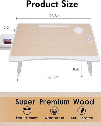 Amaredom Laptop Bed Desk Tray Bed Table, Foldable Portable Lap Desk Notebook Stand Reading Holder with Storage Drawer and Cup Holder for Eating Breakfast on Bed/Couch/Sofa-White Oak