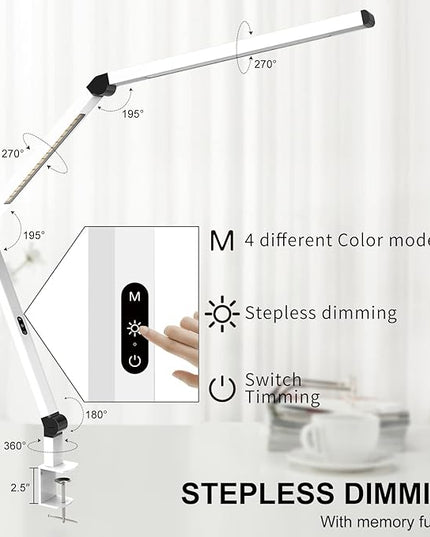 Micomlan LED Desk Lamp with Clamp, Dual Light Table Lamp with Adjustable Swing Arm, Eye-Care 4 CCT Modes & 5 Brightness Levels Clip-on Architect Modern Desk Light for Home Office Crafting Sewing