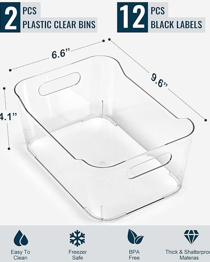12 PACK Multi-Use Clear Plastic Storage Bins for Organizing w/ Labels - Home, Kitchen, Bathroom, Office, Pantry Cabinet Shelf Organizer Bins - SOHO Collection, RV, Fridge Organization Containers