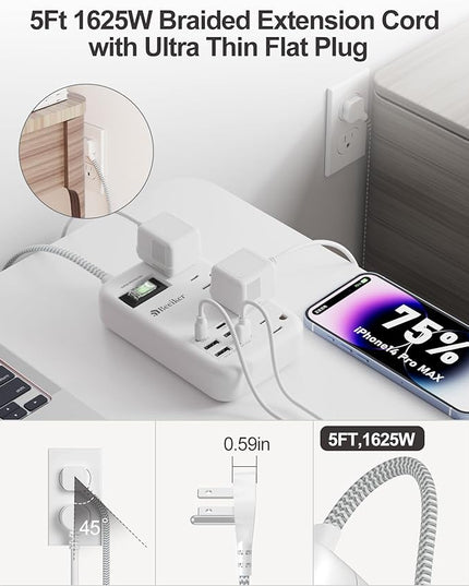 6 USB(2 USB C) Surge Protector Power Strip- 5Ft Travel Power Strip with 4.8A USB Charging Station and 4 Extendable Outlet, 13A Flat Plug Braided Extension Cord with Wall Mount for Travel Office Dorm