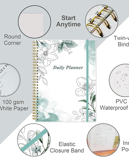 Daily Planner Undated - B5 To Do List Notebook Hourly Schedules, Spiral Appointment Planner for Women and Men, PVC Hardcover, Inner Pocket, Elastic Closure, 7" x 10", Teal Flowers