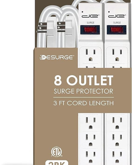 Digital Energy 8 Outlet Surge Protector - 15 AMP, 1875 W, 125 V, 350 J Surge Protection, ETL Listed - Flat Plug (White, 3 FT (Pack of 2))