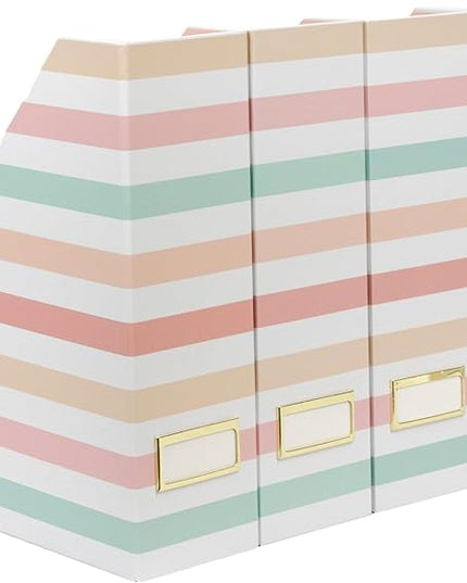 BLU MONACO Set of 4 Foldable Magazine Holders in Pastel Stripes | Cardboard Vertical File Organizer Boxes with Gold Label Holders | Stylish Paper Organizer for Desk, Office & Classroom