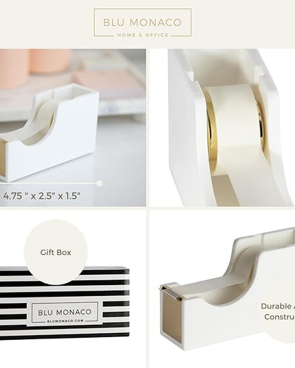 BLU MONACO White and Gold Tape Dispenser | Acrylic Desktop Tape Cutter with Smooth Blade & Weighted Non-Slip Base | Fits Standard & Large Rolls | Cute Desk Accessory for Office & Home