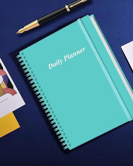 Daily Planner Undated - B5 To Do List Notebook Hourly Schedules, Spiral Appointment Planner for Women and Men, PVC Hardcover, Inner Pocket, Elastic Closure, 7" x 10", Teal