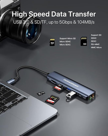 USB C Hub Ethernet, DockteckExpand 7-in-1 Multiport Adapter Type C to 4K@60Hz HDMI, Gigabit Ethernet, 100W PD Charging, 2 USB 3.0, SD/TF Card Readers, for MacBook Pro/Air, iPad Pro/Air, XPS and More