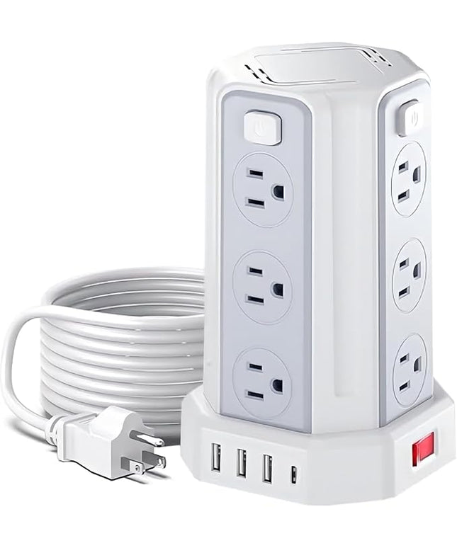 Power Strip Surge Protector, 10 Ft Extension Cord with 12 AC Multiple Outlets 4 USB (1 USB C), SMALLRT Power Tower Desktop Charging Station (White, 6.5 FT)