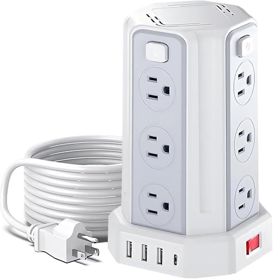 Power Strip Surge Protector, 10 Ft Extension Cord with 12 AC Multiple Outlets 4 USB (1 USB C), SMALLRT Power Tower Desktop Charging Station (White, 6.5 FT)