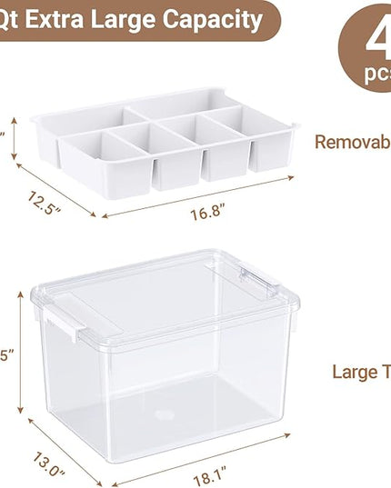 160Qt Large Stackable Storage Bins with Lids & Trays, Clear Plastic Latching Boxes Organizers with Dividers Portable 40Gal Containers for Arts & Crafts, Home and Car Trunk Organization, 4Pack