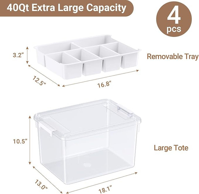 160Qt Large Stackable Storage Bins with Lids & Trays, Clear Plastic Latching Boxes Organizers with Dividers Portable 40Gal Containers for Arts & Crafts, Home and Car Trunk Organization, 4Pack