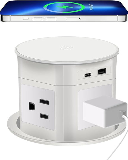 Pop Up Outlet 15W Wireless Charger,with 4 Outlets 1875W USB-C PD20W Super Charging 6.5FT 16AWG Cable 3.86 inch Desk Hole Pop Up Power Outlet for Kitchen Countertop,Office Conference Table (White)