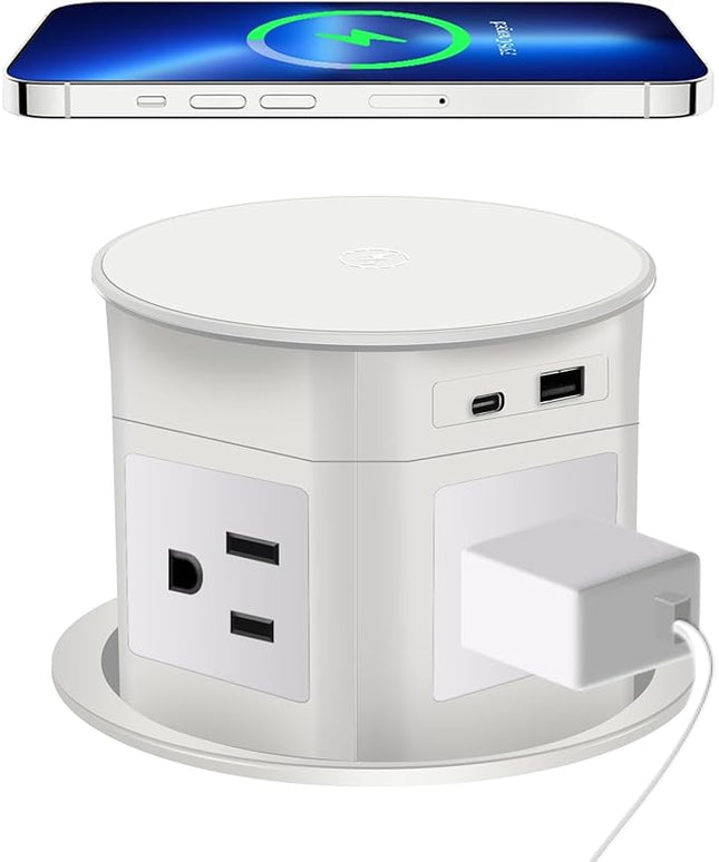 Pop Up Outlet 15W Wireless Charger,with 4 Outlets 1875W USB-C PD20W Super Charging 6.5FT 16AWG Cable 3.86 inch Desk Hole Pop Up Power Outlet for Kitchen Countertop,Office Conference Table (White)